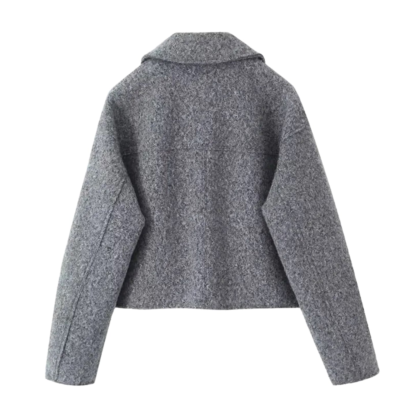 Dark grey woolen zip-up long sleeve cropped sherpa jacket for women and teens, fuzzy soft cozy warm thick luxury faux-fur fleece coat with collared v-neck split neckline, elegant feminine trendy Y2K chic casual retro vintage fashionable outerwear for fall autumn winter 2025, Scandinavian Copenhagen streetwear and old-money style après-ski snow trip outfit, with global worldwide shipping to US UK Canada Australia Europe and Asia.
