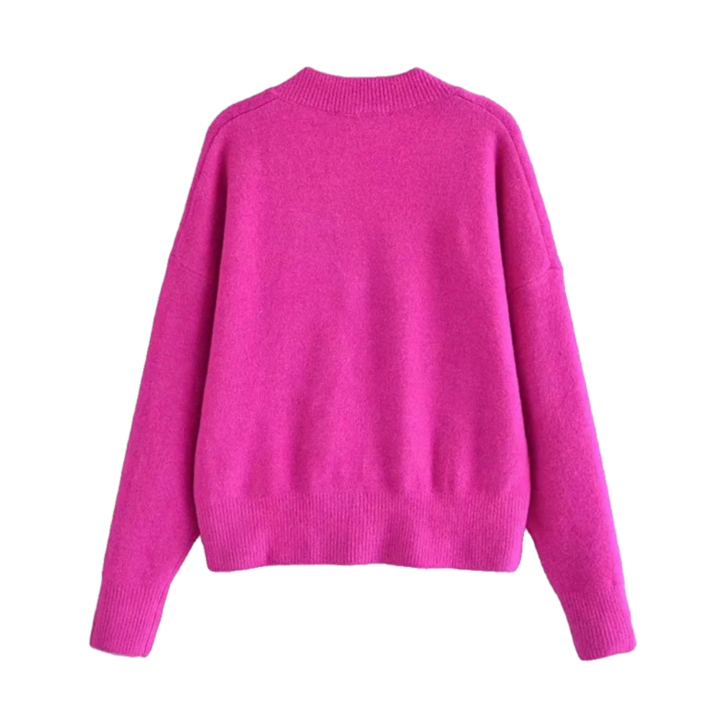 Dark Pink Knit V-Neck Long Sleeve Pullover Sweater for women and teens. Soft, cozy, and warm ribbed knitwear with relaxed fit and thick textured design. Chic and trendy hot pink and magenta knit jumper perfect for fall, winter, and holiday outfits. Feminine Scandinavian, clean girl, and soft girl aesthetic knitwear. Ships globally and worldwide to the US, UK, Canada, Australia, Europe, Asia, and more.
