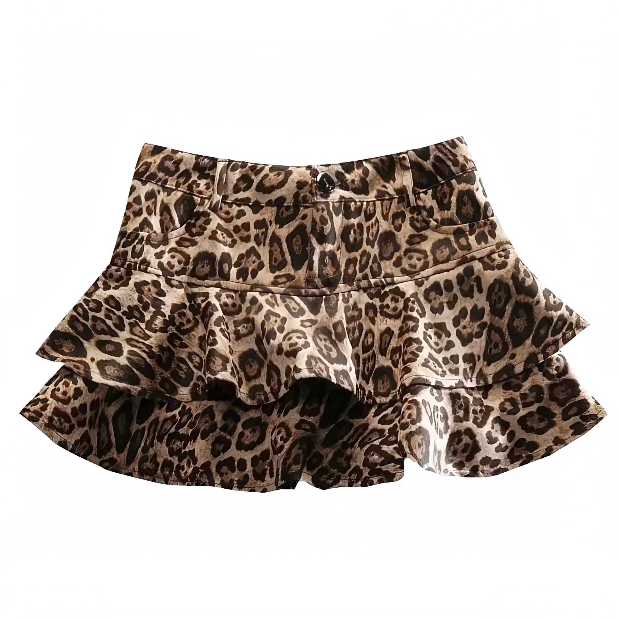 Leopard Print Layered Ruffle Trim Low-Rise Mini Skirt With Shorts