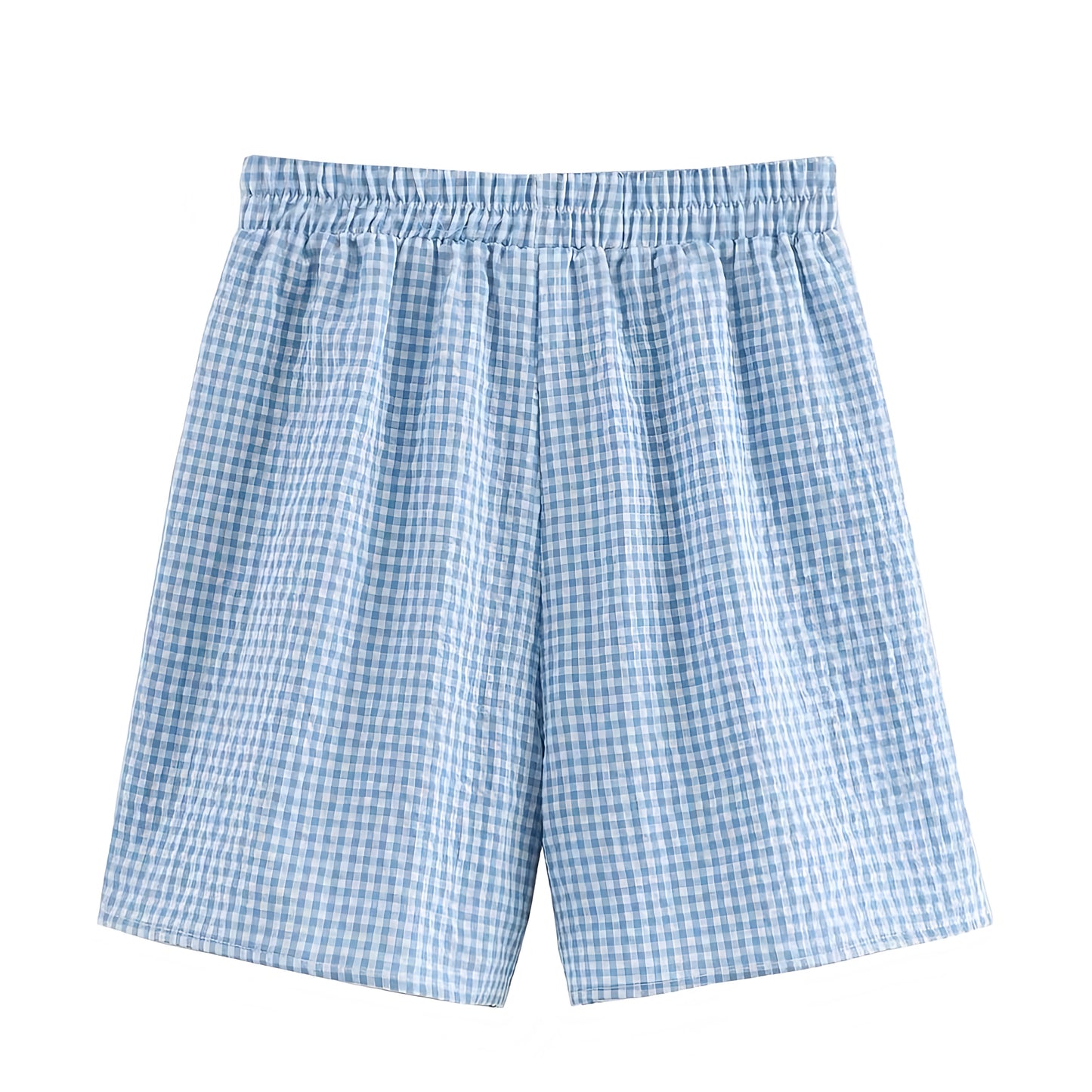 Light Blue & White Gingham Checkered Print Mid-Rise Linen Shorts