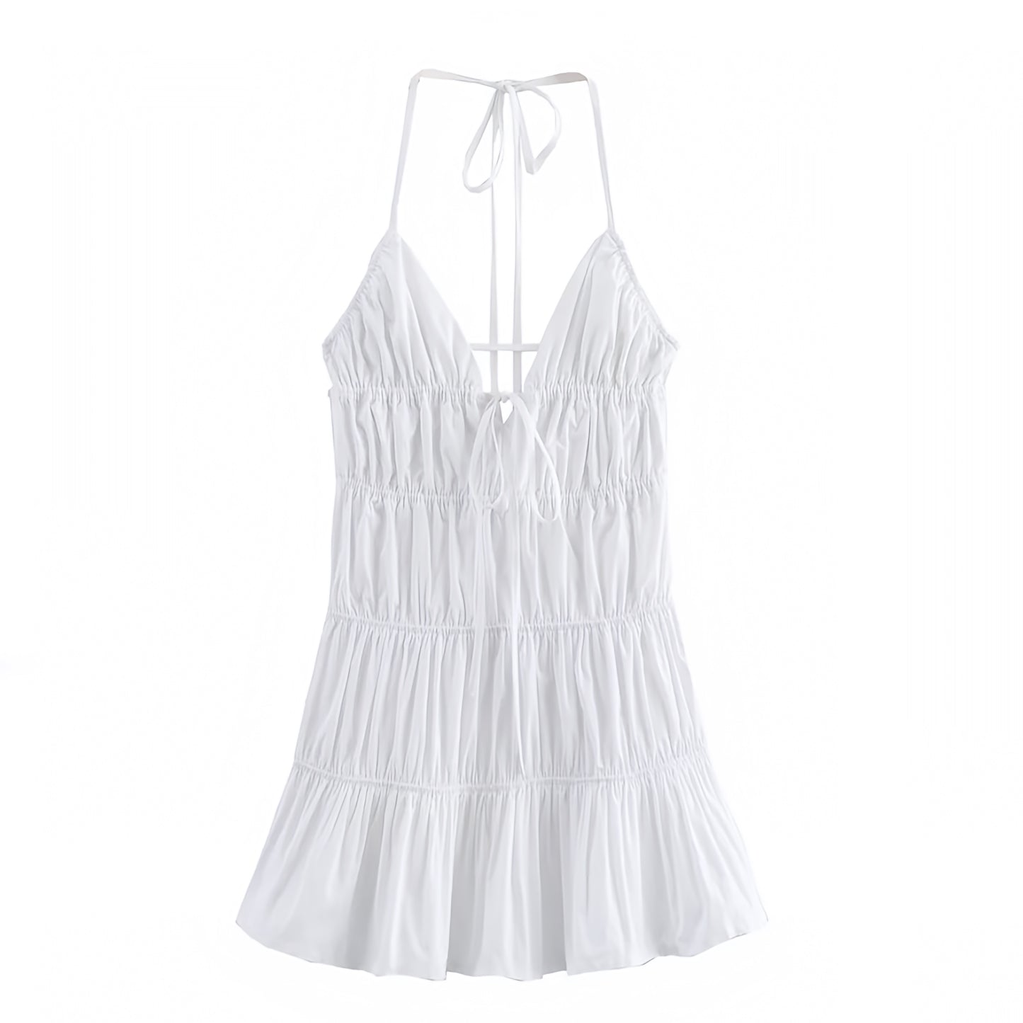 White Bodycon Shirred Tiered V-Neck Spaghetti Strap Backless Mini Dress