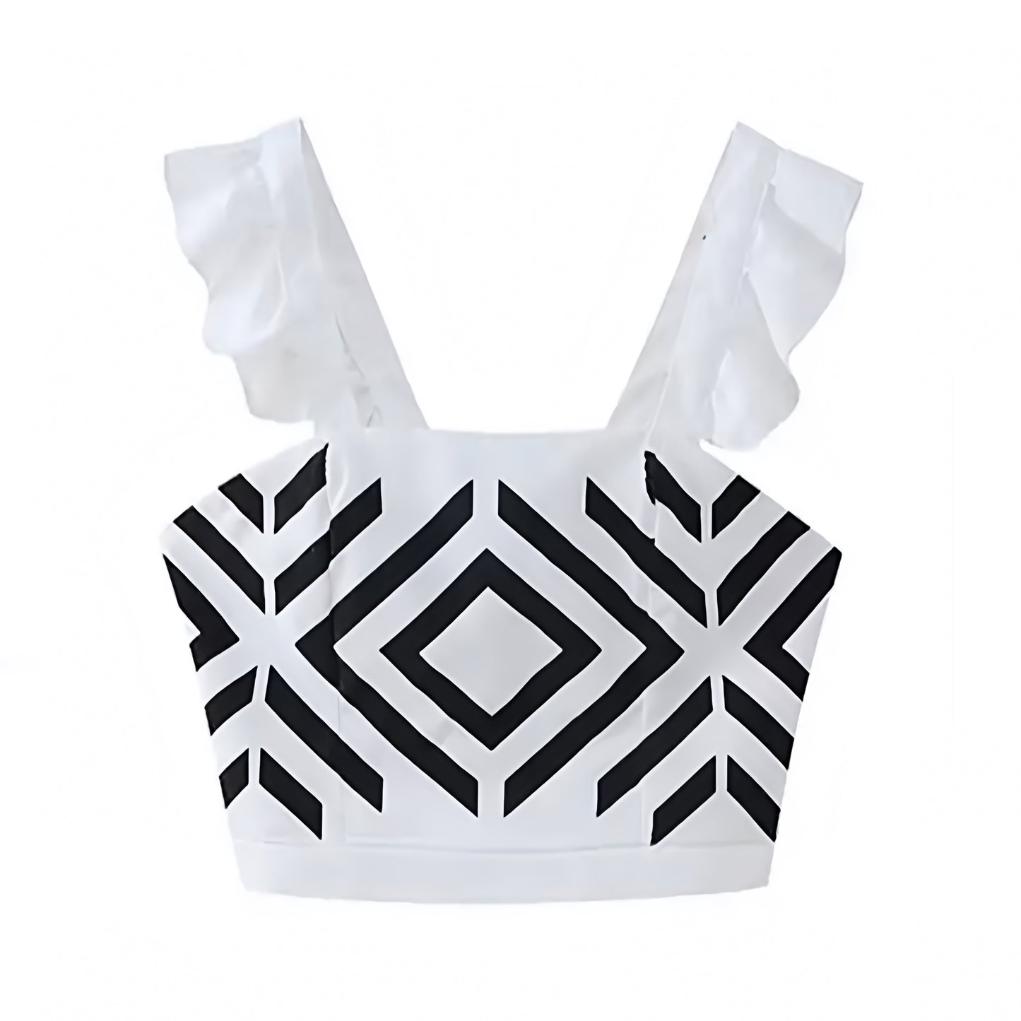 White & Black Patterned Slim Fit Ruffle Sleeve Crop Tank Top