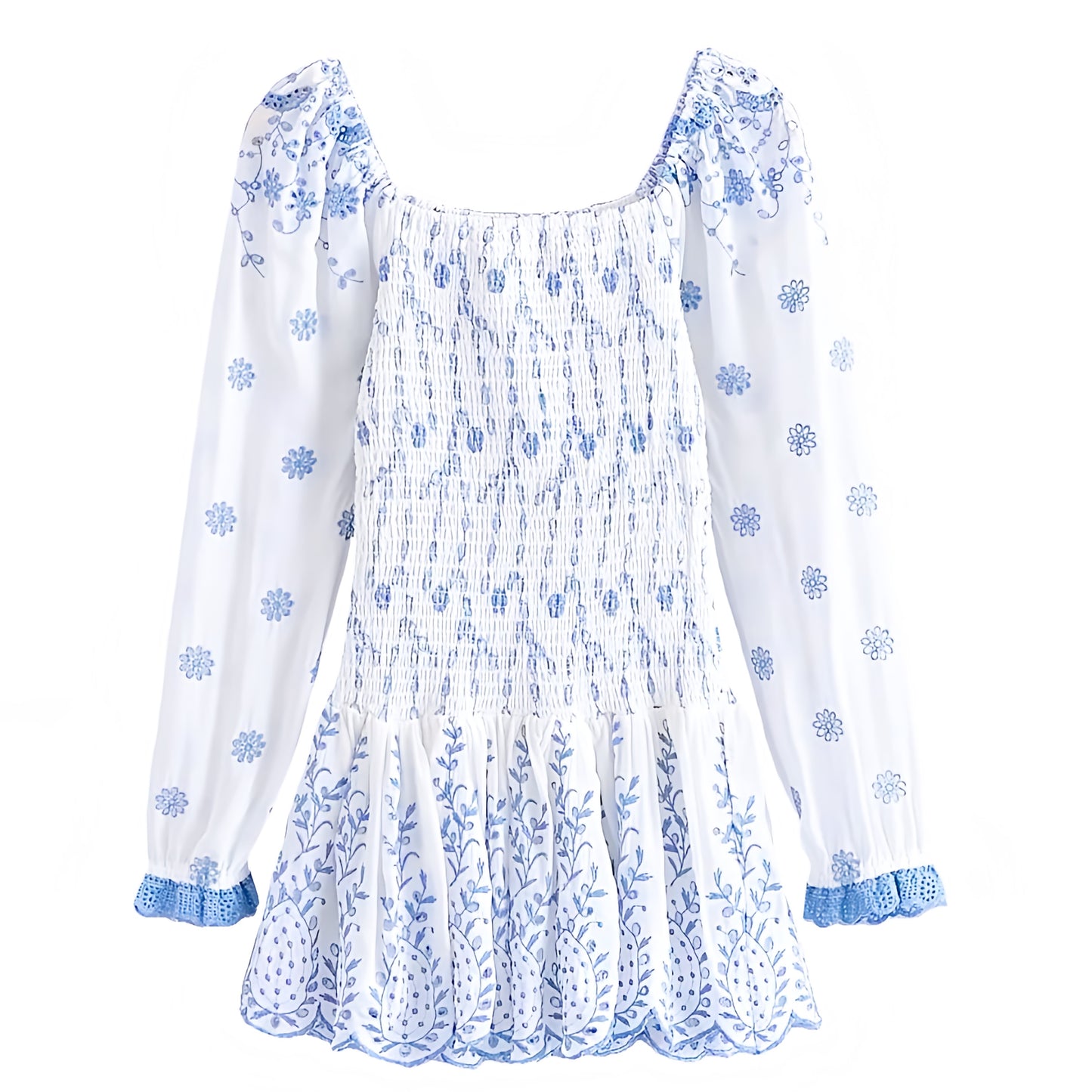 Nerissa Light Blue Floral Eyelet Embroidered Long Sleeve Smocked Mini Dress