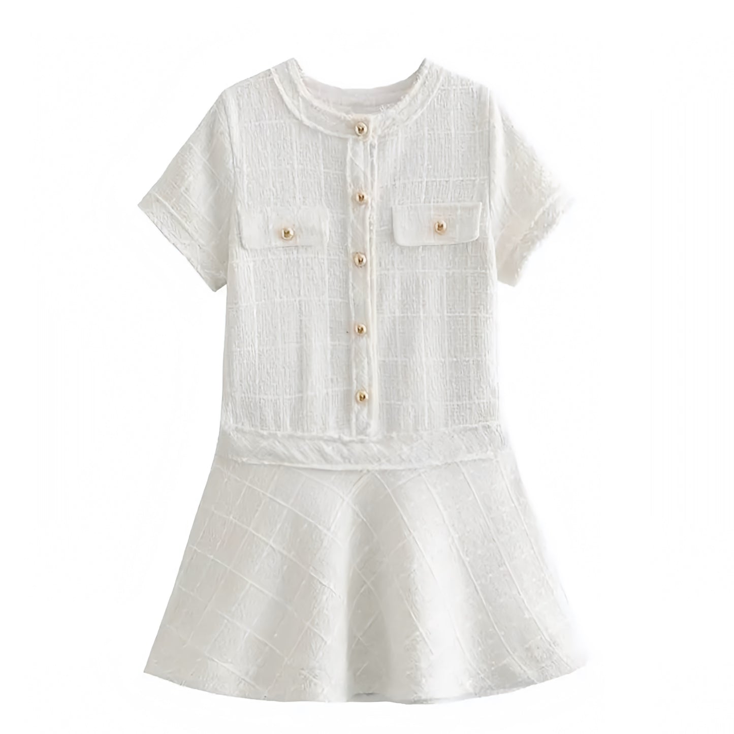 Ivory Plaid Tweed Gold Button-Down Short Sleeve Mini Dress