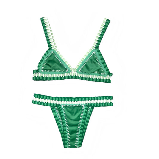 Emerald green striped crochet 2 piece triangle bikini set in green and white knit pattern, handmade boho chic swimwear with triangle bikini top and cheeky or full coverage bottoms, trendy bohemian women’s and teens preppy style, Ibiza party beach club fashion, euro summer 2025 resort wear, Italian summer coastal granddaughter aesthetic, chic vacation swim set with global shipping to USA, UK, Canada, Australia, France, Germany, Spain, Italy, Denmark, Asia.