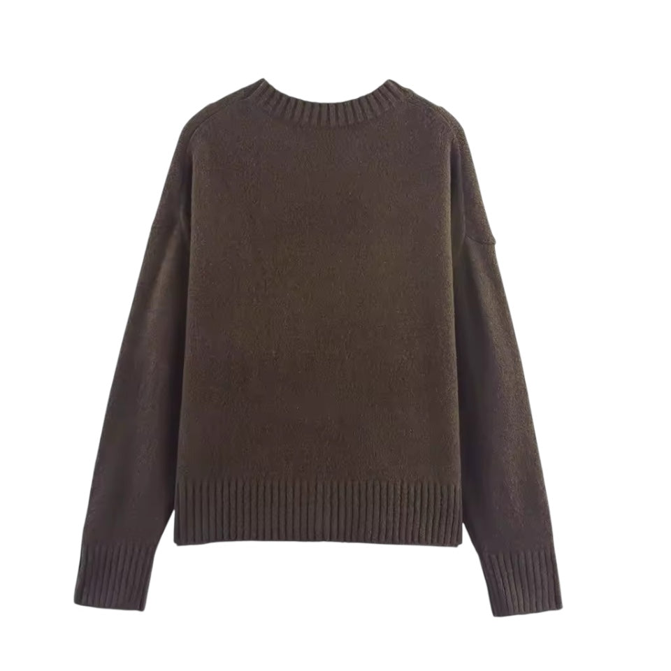 Espresso brown knit woolen long-sleeve pullover sweater for women and teens, dark brown chunky knit jumper with soft fuzzy cozy warm thick texture, oversized elegant trendy chic preppy knitwear for fall autumn winter 2025, Zara and Aritzia dupe fashion sweater with global worldwide shipping to US, UK, Canada, Europe, Australia, and Asia from Dazey Hill.