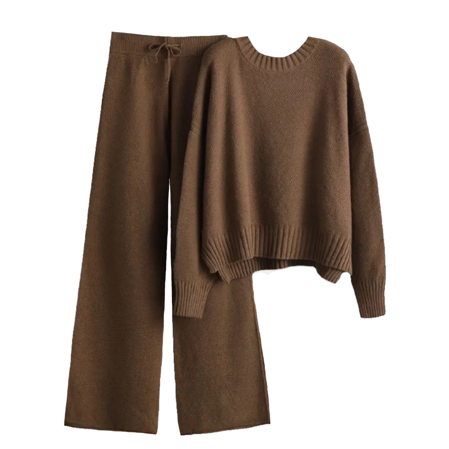 Espresso Brown Knitted Long Sleeve Pullover Sweater & Pants 2 Piece Set for women and teens. Soft, cozy, and warm knitwear outfit featuring a relaxed fit crewneck sweater and high-waisted wide-leg knit pants. Elegant, neutral, and chic matching loungewear set for fall, autumn, and winter 2025. Ships globally and worldwide to the US, UK, Canada, Australia, Europe, and Asia.