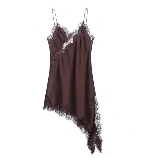 Espresso Brown Satin Lace Trim Bodycon V-Neck Backless Midi Slip Dress. Dark brown silky satin slip dress with floral lace embroidered trim, deep v neckline, slim fit sheath silhouette, sleeveless spaghetti straps, backless cut out design, midi length, and elegant shift style. Perfect for womens, teens, and ladies summer, fall, and autumn 2025 feminine fashion, evening parties, homecoming, prom, dance, sexy club wear, and festivals. Ships globally worldwide to US, Australia, UK, Canada, Europe, Asia.