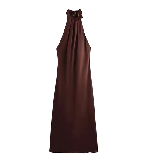 Espresso Brown Satin Sleeveless Bodycon Backless Halter Maxi Dress. Dark brown silky satin slip dress with slim fit sheath silhouette, halter neckline, mock neck, turtleneck-inspired design, sleeveless cut, backless detail, and elegant long maxi length. Perfect for womens, teens, and ladies summer, fall, and autumn 2025 vintage retro feminine fashion, evening wear, prom, homecoming, cocktail parties, sexy club wear, chic vacations, holidays, and formal occasions. Ships globally worldwide to US, Australia