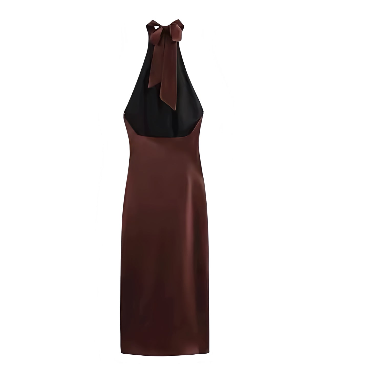 Espresso Brown Satin Sleeveless Bodycon Backless Halter Maxi Dress. Dark brown silky satin slip dress with slim fit sheath silhouette, halter neckline, mock neck, turtleneck-inspired design, sleeveless cut, backless detail, and elegant long maxi length. Perfect for womens, teens, and ladies summer, fall, and autumn 2025 vintage retro feminine fashion, evening wear, prom, homecoming, cocktail parties, sexy club wear, chic vacations, holidays, and formal occasions. Ships globally worldwide to US, Australia