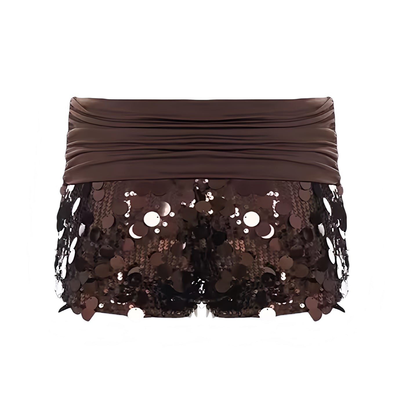 Espresso brown sequin embellished low-rise micro shorts with dark brown and chocolate brown shimmer, sparkle, glittery sequin and beaded detailing. Slim fit bodycon skinny fit shorts with fold over waistband, low rise and low-waisted micro shorts silhouette, perfect for women, teens and ladies. Y2K fold over shorts for 2000s fashion, party outfits, night out outfits, club wear, disco outfits, rave shorts, festival outfits, concert outfits, Ibiza style, rockstar girlfriend outfits, baddie fits, rock chic.