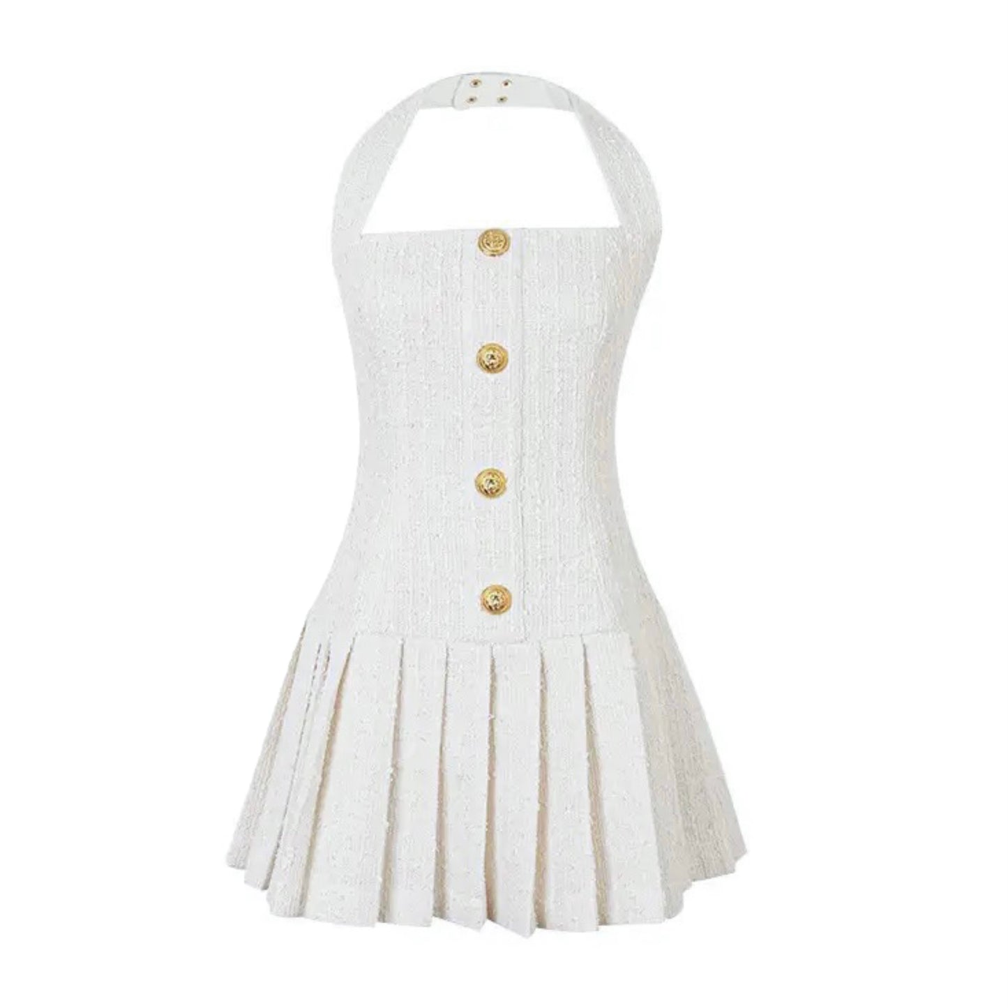 White Tweed Gold Buttoned Pleated Halter Mini Dress