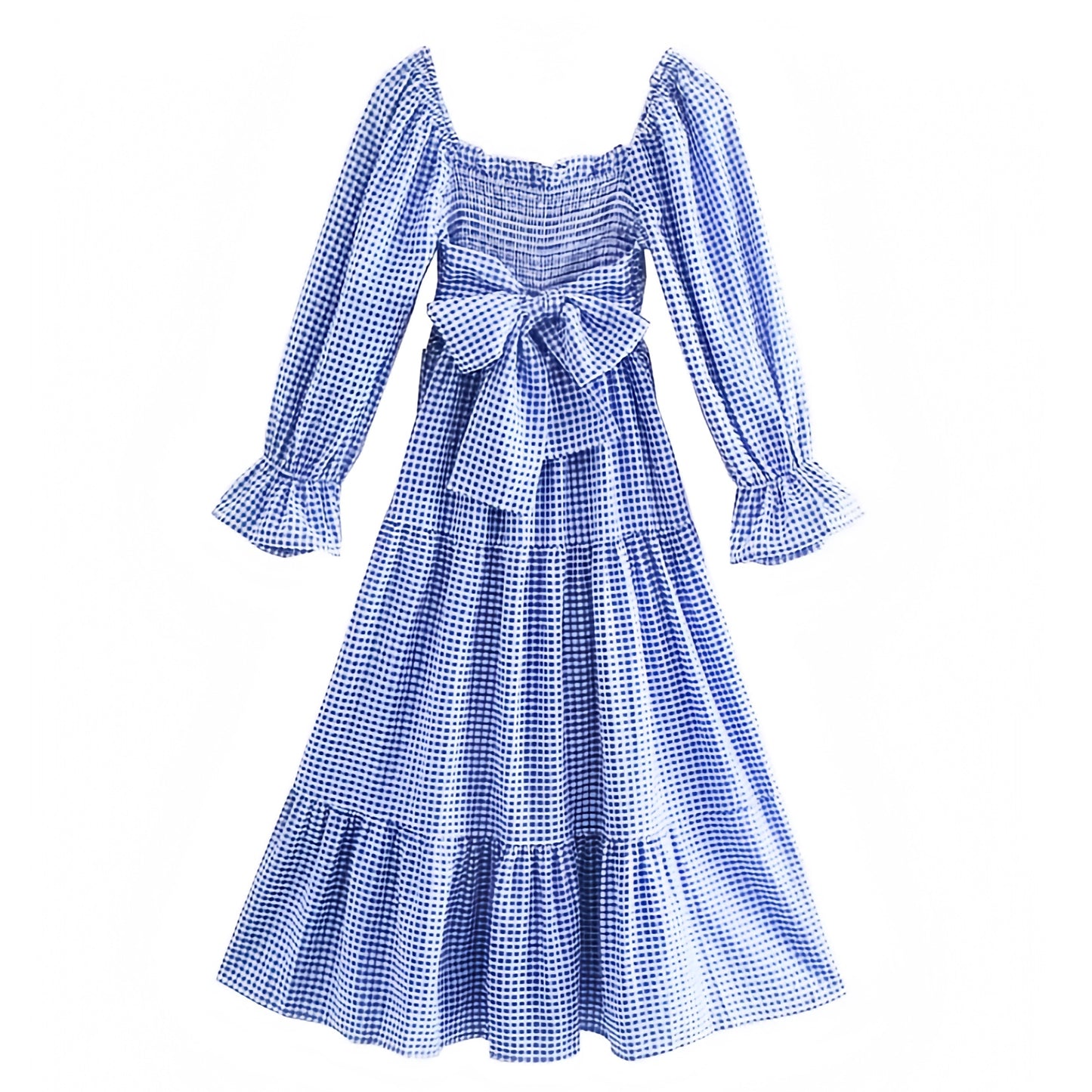 dark-navy-blue-and-white-gingham-checkered-plaid-striped-seersucker-patterned-slim-fit-bodycon-smocked-fitted-bodice-drop-waist-shirred-layered-ruffle-trim-long-puff-sleeve-square-neckline-backless-open-back-bow-tiered-flowy-linen-boho-midi-maxi-dress-gown-women-ladies-teens-tweens-chic-trendy-spring-2024-summer-elegant-casual-semi-formal-classy-feminine-prom-party-preppy-style-beach-wear-sundress-coastal-granddaughter-altard-state-hill-house-revolve-reformation-dupe