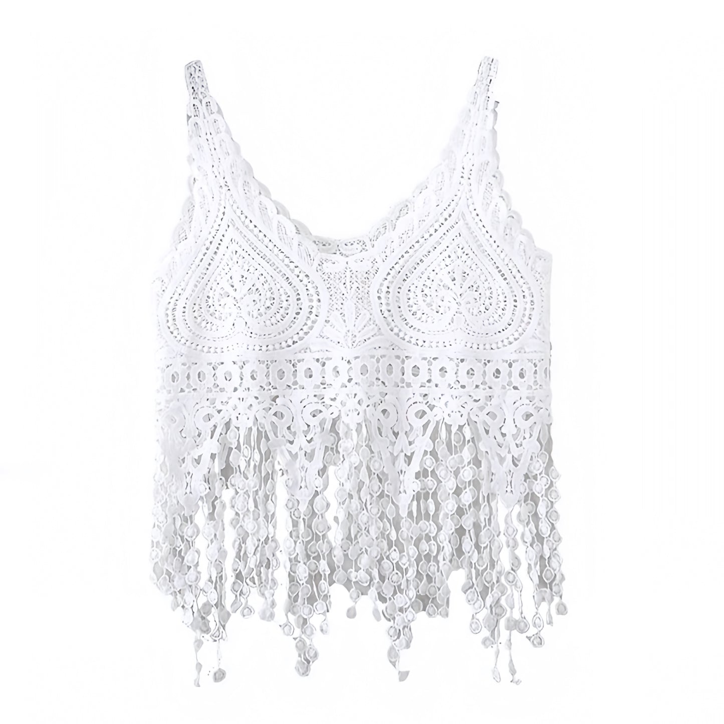 White Eyelet Crochet Long Tassel V-Neck Spaghetti Strap Tank Top