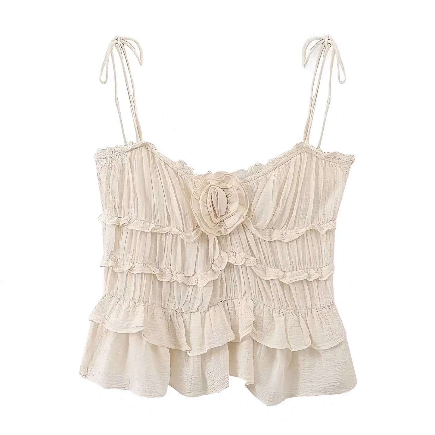 Light Beige Slim Fit Layered Ruffle Trim Tiered Spaghetti Strap Tank Top