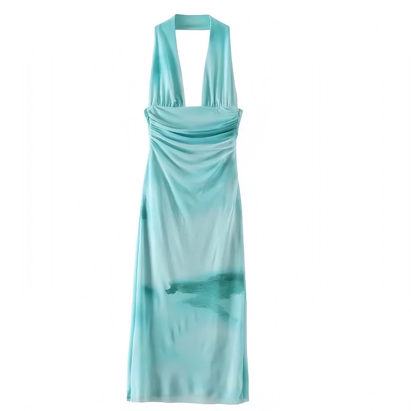Sea Foam Blue Tie-Dye Bodycon Ruched Sleeveless Halter Backless Maxi Dress