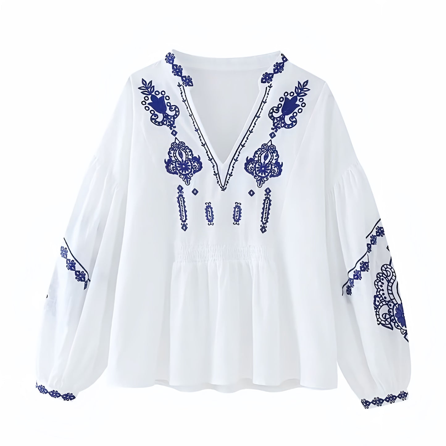 Mykonos Blue Floral Embroidered V-Neck Long Sleeve Blouse Top