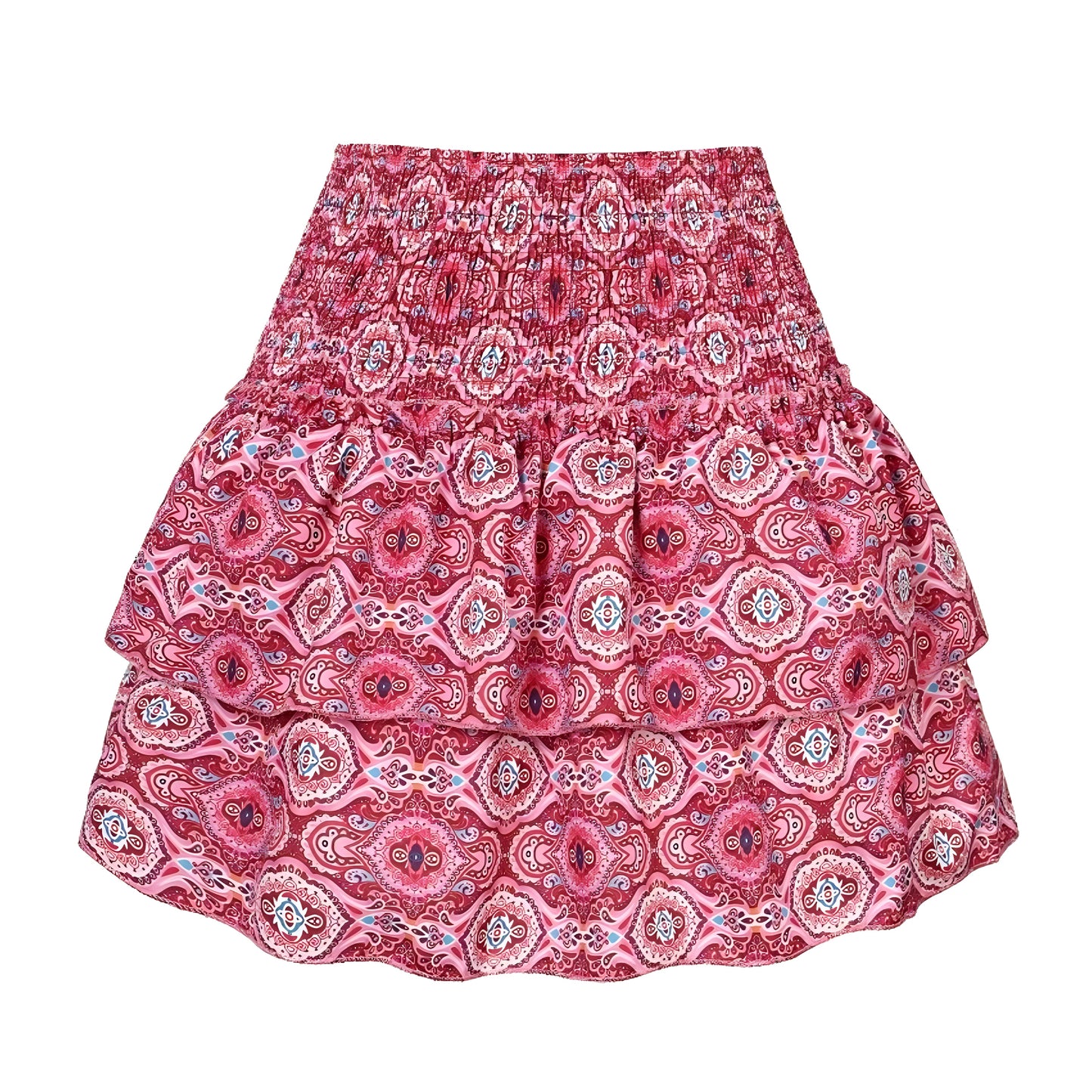 hot-pink-white-magenta-multi-color-paisley-patterned-layered-ruffle-smocked-fitted-waist-tiered-shirred-bodice-mid-high-rise-waisted-flowy-boho-tullie-tutu-mini-skirt-skort-women-ladies-chic-trendy-spring-2024-summer-casual-feminine-preppy-style-party-european-tropical-vacation-beach-wear-zara-altard-state-revolve-garage-pacsun-loveshackfancy-charo-ruiz-cb-positano