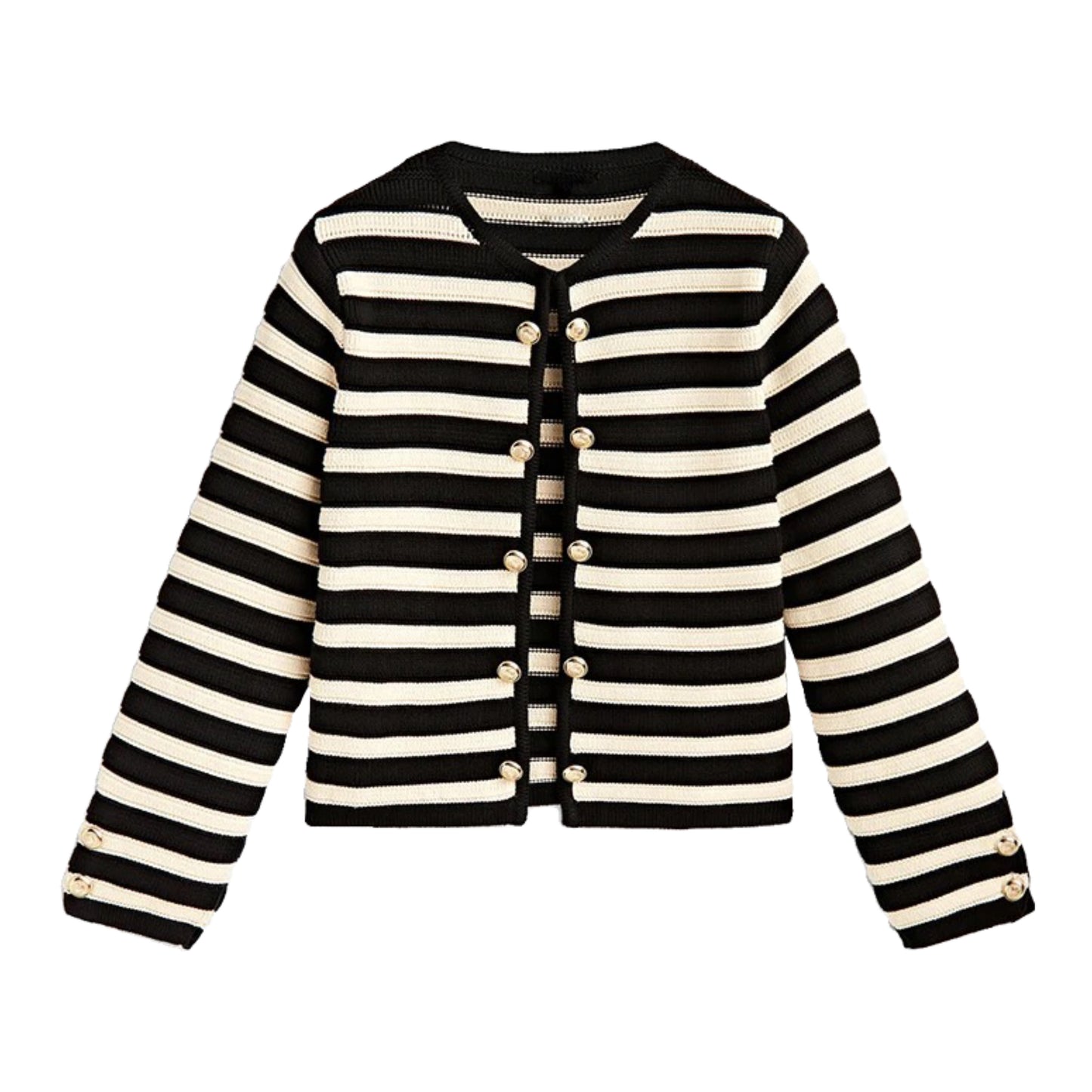 black-and-cream-off-white-beige-striped-pinstripe-knit-cotton-soft-woolen-cashmere-knitted-gold-button-down-round-neckline-crew-neck-long-sleeve-cropped-cardigan-sweater-jacket-knitwear-jumper-coat--with-pockets-cozy-warm-women-ladies-teens-unisex-girls-fall-2024-autumn-winter-2025-chic-trendy-casual-semi-formal-neutral-basic-feminine-cute-elegant-classy-classic-old-money-parisian-stockholm-style-scandinavian-scandi-street-wear-back-to-school-modest-preppy-coastal-zara-revolve-aritzia-chanel-dupe