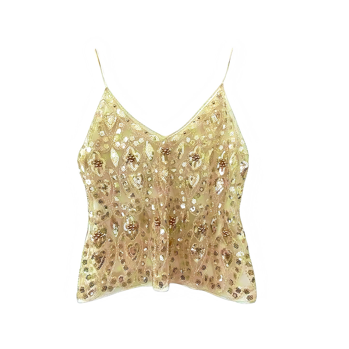 Gold sequin embellished beaded v-neck boho tank top with metallic gold shimmer sparkle glitter sequined floral flower and geometric patterned design. Slim fit skinny fit sleeveless spaghetti strap backless crop camisole blouse for women, teens, and ladies. Chic trendy casual elegant sexy party top for beach vacation, summer vacation, euro summer, Ibiza fashion, rave outfit, festival outfit, concert outfit, disco party, club wear, night out, going out, NYE outfit, boho chic style, y2k fashion, baddie.