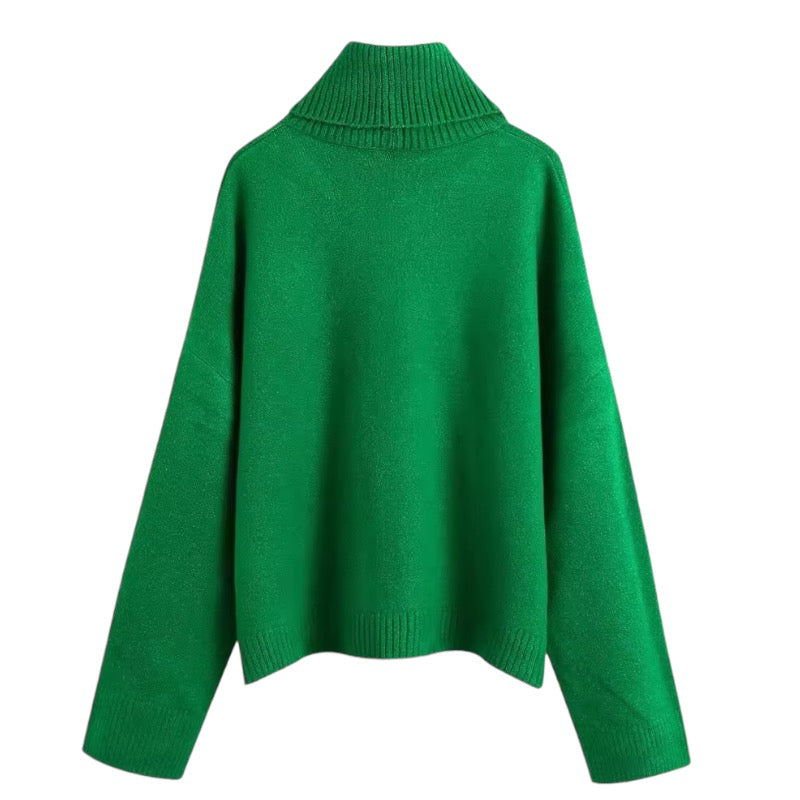 Green knit long sleeve turtleneck pullover sweater for women and teens, woolen chunky knit soft fuzzy cozy warm thick oversized jumper, elegant feminine trendy chic casual preppy streetwear knitwear for fall autumn winter 2025, Zara dupe and Aritzia-inspired Scandinavian après ski sweater, with global worldwide shipping to US UK Canada Australia Europe and Asia from Dazey Hill.