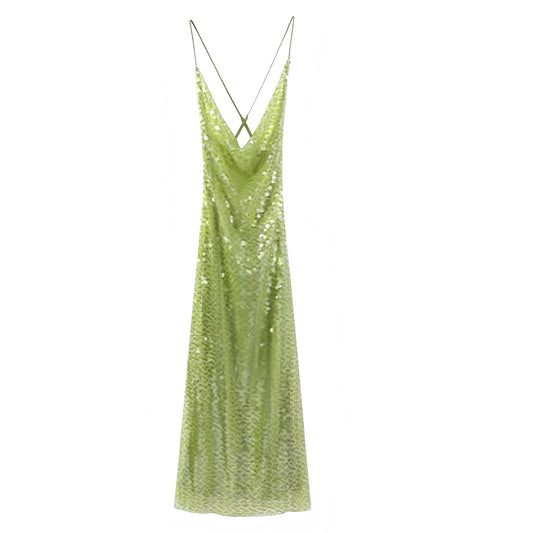 Green sequin embellished bodycon V-neck maxi slip dress with ruched backless design, spaghetti straps, sleeveless slim fit evening gown for women and teens, sexy feminine chic Euro summer 2025 Ibiza style party, club, rave, concert, vacation, mermaid core, boho, and bohemian festival fashion. Ships to USA, UK, Canada, Europe, and Australia.