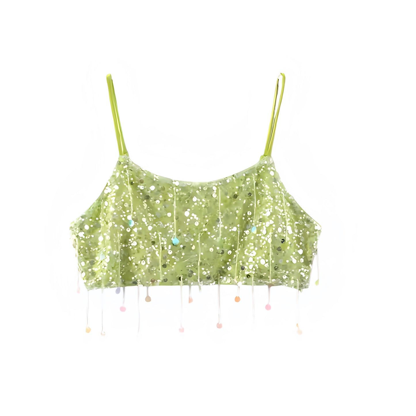 Green sequin tassel embellished spaghetti strap sleeveless backless crop tank top for women and teens, sexy chic feminine summer 2025 party top, Ibiza style mermaid core boho bohemian rave and concert crop, trendy Euro summer vacation outfit with global shipping to USA, Canada, UK, Europe, and Australia.