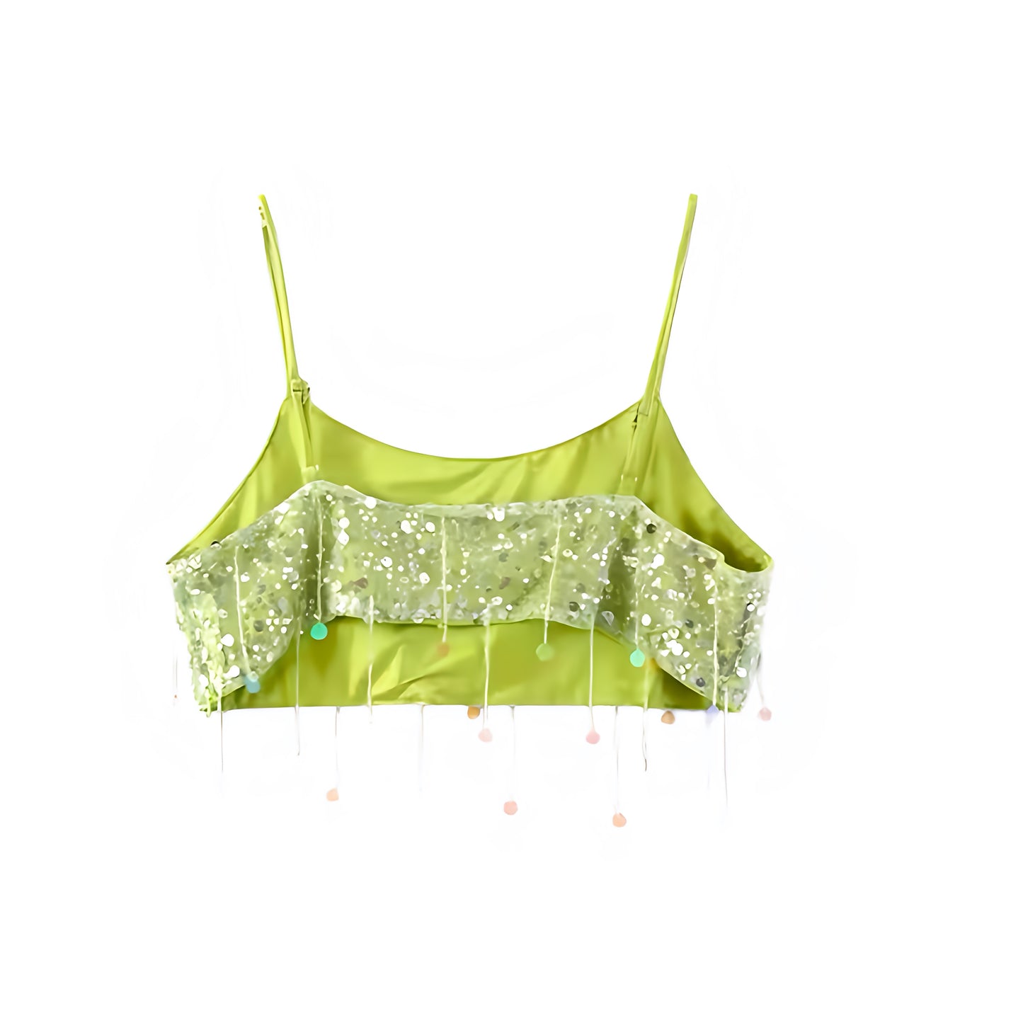 Green sequin tassel embellished spaghetti strap sleeveless backless crop tank top for women and teens, sexy chic feminine summer 2025 party top, Ibiza style mermaid core boho bohemian rave and concert crop, trendy Euro summer vacation outfit with global shipping to USA, Canada, UK, Europe, and Australia.