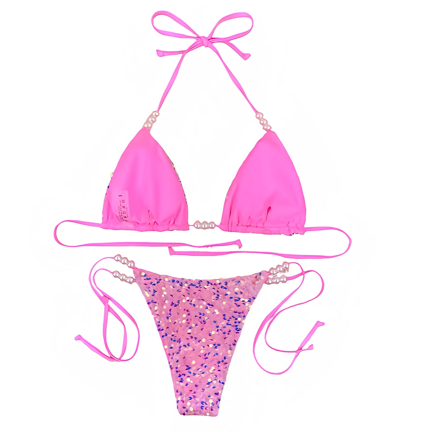 Hot pink bright pink magenta pink sequin embellished beaded pearl bead triangle string bikini set with spaghetti strap 2 piece matching swimwear. Sparkly glittery shimmery bikini in slim fit skinny fit wireless wire free halter tie neck v neck backless thong string design. Chic beach vacation swimwear for womens teens ladies perfect euro summer Ibiza style rave festival outfit disco party beach club resort wear mermaidcore tropicalcore Florida aesthetic y2k fashion hot girl summer.