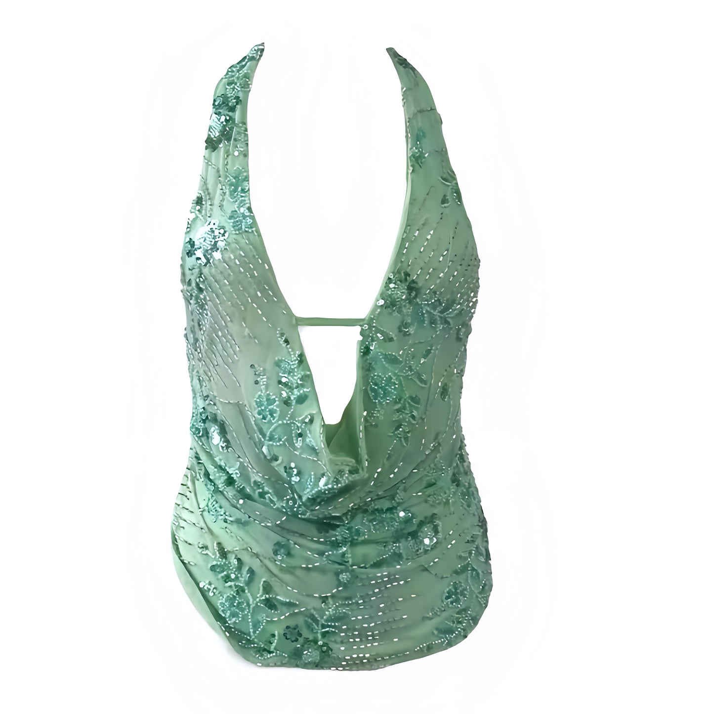 Green floral sequin embellished beaded 3D flower patterned slim fit v-neck halter sleeveless backless cowl neck ruched tank top chic boho gypsy Ibiza style sexy trendy 2025 women teens it girl that girl summer vacation rave festival party club fashion with worldwide shipping USA Canada UK Europe Asia Australia
