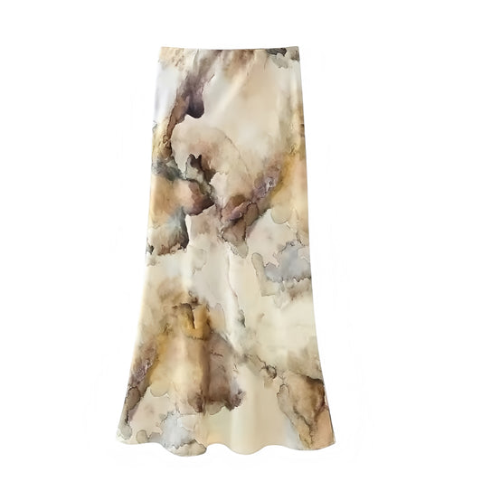 Ivory white satin low rise maxi skirt with multicolor marble patterned design in brown, beige, and gold. Slim fit bodycon a line silhouette slip sheath pencil plisse flowy midi maxi skirt. Elegant chic trendy feminine Y2K summer fall fashion. Perfect for holiday vacation casual everyday sorority rush school rave sexy club wear Ibiza style boho chic Euro summer evening party beach festival concert night out outfit. Ships globally worldwide to USA, UK, Canada, Australia, New Zealand, Germany, France, Europe
