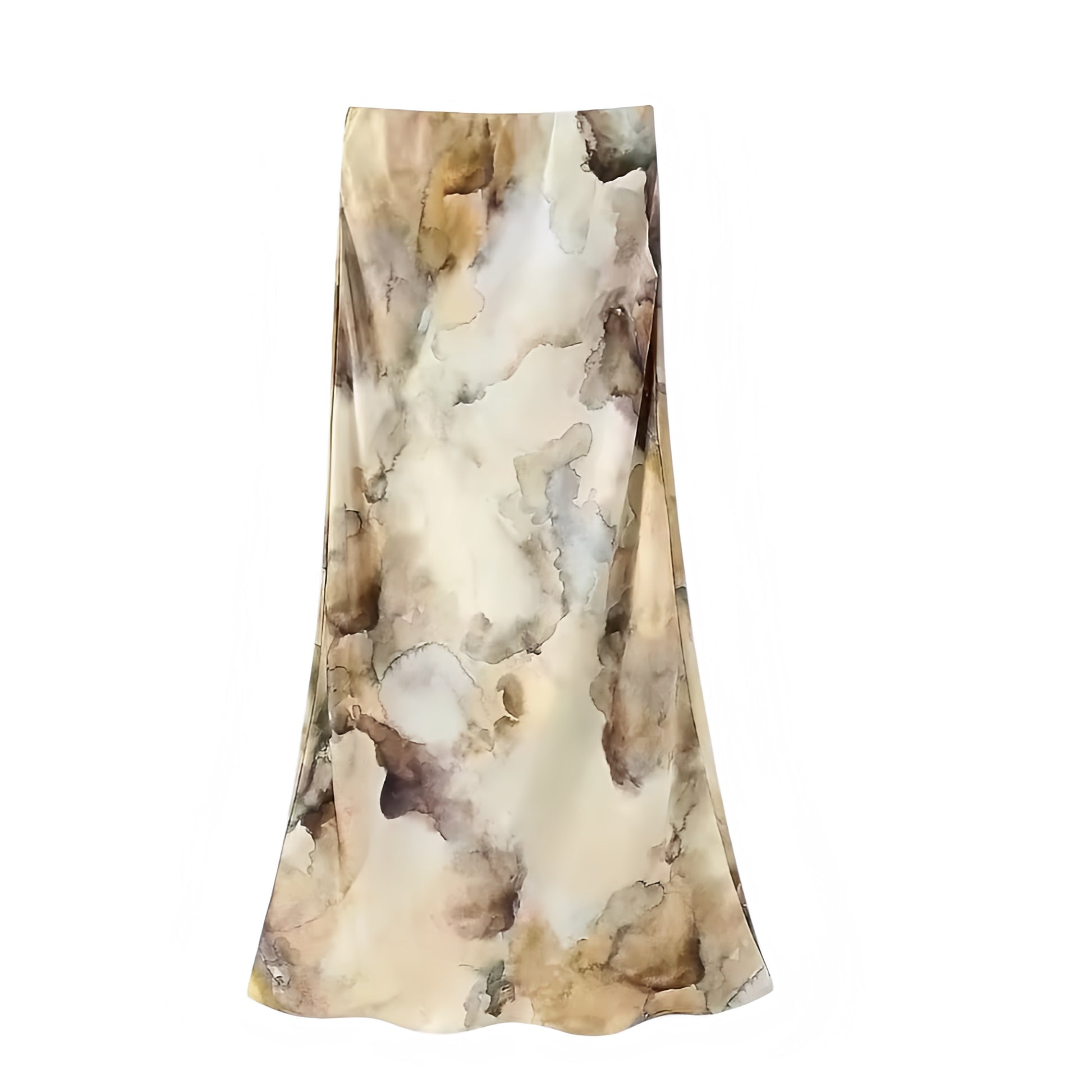 Ivory white satin low rise maxi skirt with multicolor marble patterned design in brown, beige, and gold. Slim fit bodycon a line silhouette slip sheath pencil plisse flowy midi maxi skirt. Elegant chic trendy feminine Y2K summer fall fashion. Perfect for holiday vacation casual everyday sorority rush school rave sexy club wear Ibiza style boho chic Euro summer evening party beach festival concert night out outfit. Ships globally worldwide to USA, UK, Canada, Australia, New Zealand, Germany, France, Europe