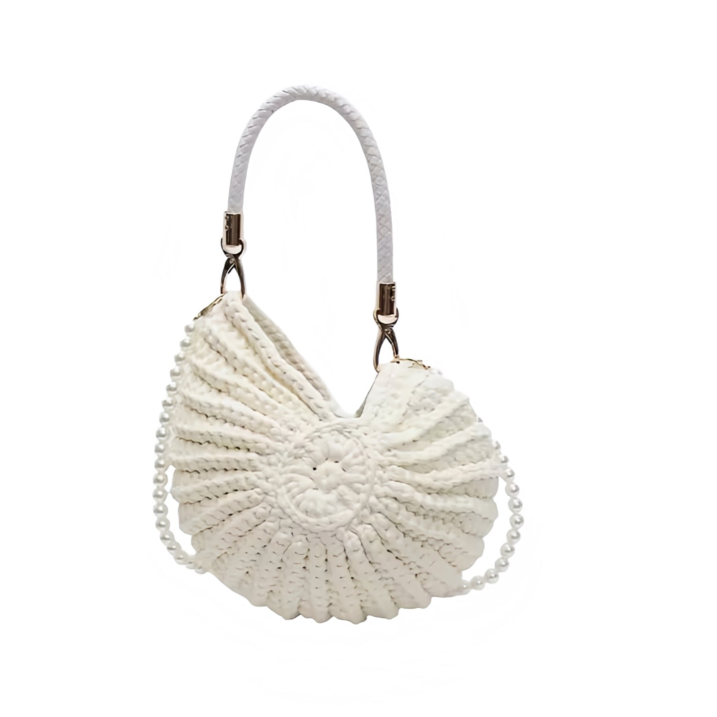 Ivory white seashell crochet pearl beaded clutch shoulder beach bag, handmade raffia knit conch shell shaped crossbody purse, chic elegant boho chic handbag for women, stylish mermaid core coastal fashion perfect for euro summer resort wear, beach club, and summer vacation 2025, shipped worldwide to USA, Canada, UK, Australia, France, Germany, Spain, Italy, Denmark, Asia.