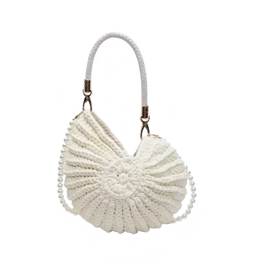 Ivory white seashell crochet pearl beaded clutch shoulder beach bag, handmade raffia knit conch shell shaped crossbody purse, chic elegant boho chic handbag for women, stylish mermaid core coastal fashion perfect for euro summer resort wear, beach club, and summer vacation 2025, shipped worldwide to USA, Canada, UK, Australia, France, Germany, Spain, Italy, Denmark, Asia.