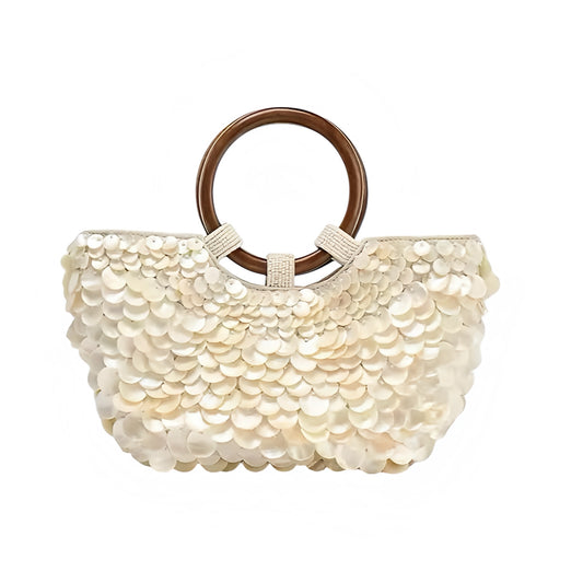 Ivory white seashell embellished beaded clutch purse, cream white beige metallic shiny shell handbag with wood handle, handmade crochet embroidered boho chic diagonal half moon tote crossbody bag, elegant trendy women’s purse perfect for Ibiza style, beach club, resort wear, euro summer coastal vacation fashion 2025, bohemian chic party style accessory shipped internationally to USA, Canada, UK, Australia, France, Germany, Spain, Italy, Denmark, Asia.