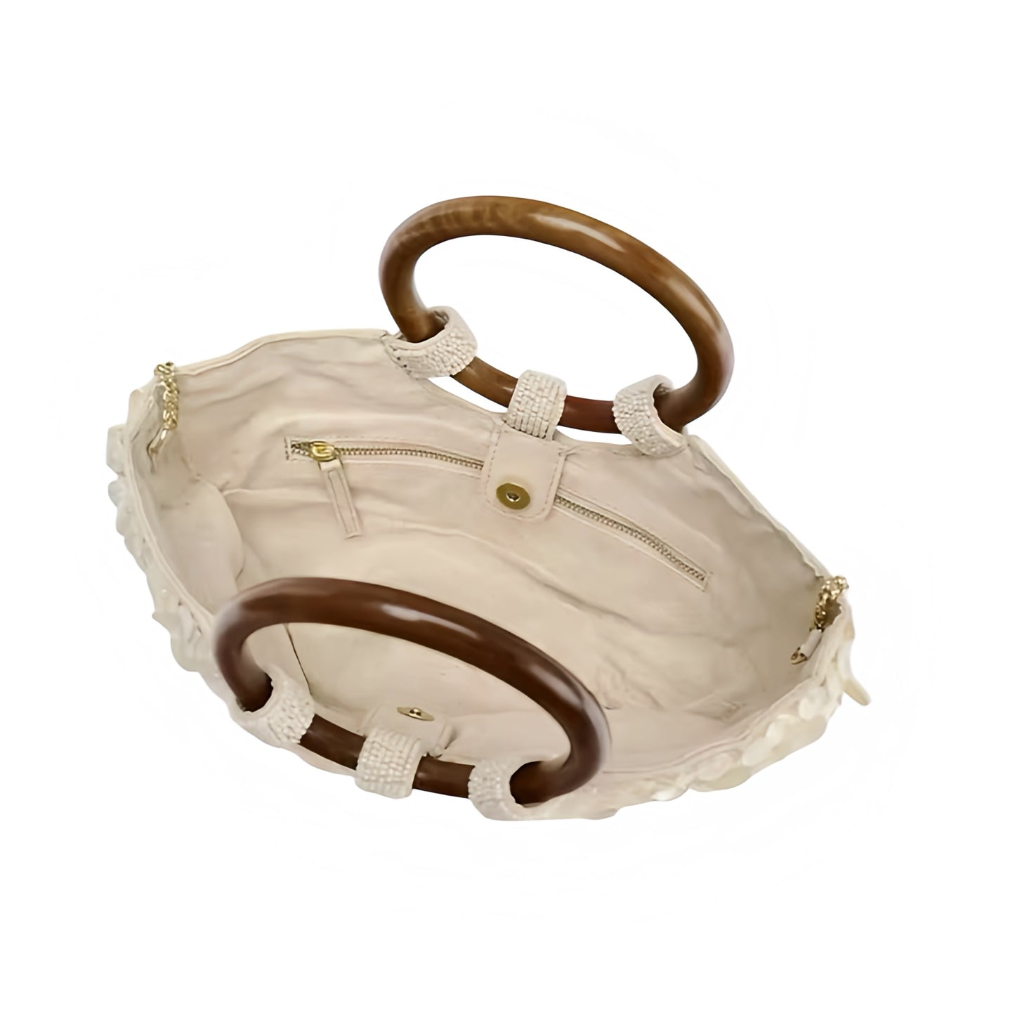 Ivory white seashell embellished beaded clutch purse, cream white beige metallic shiny shell handbag with wood handle, handmade crochet embroidered boho chic diagonal half moon tote crossbody bag, elegant trendy women’s purse perfect for Ibiza style, beach club, resort wear, euro summer coastal vacation fashion 2025, bohemian chic party style accessory shipped internationally to USA, Canada, UK, Australia, France, Germany, Spain, Italy, Denmark, Asia.