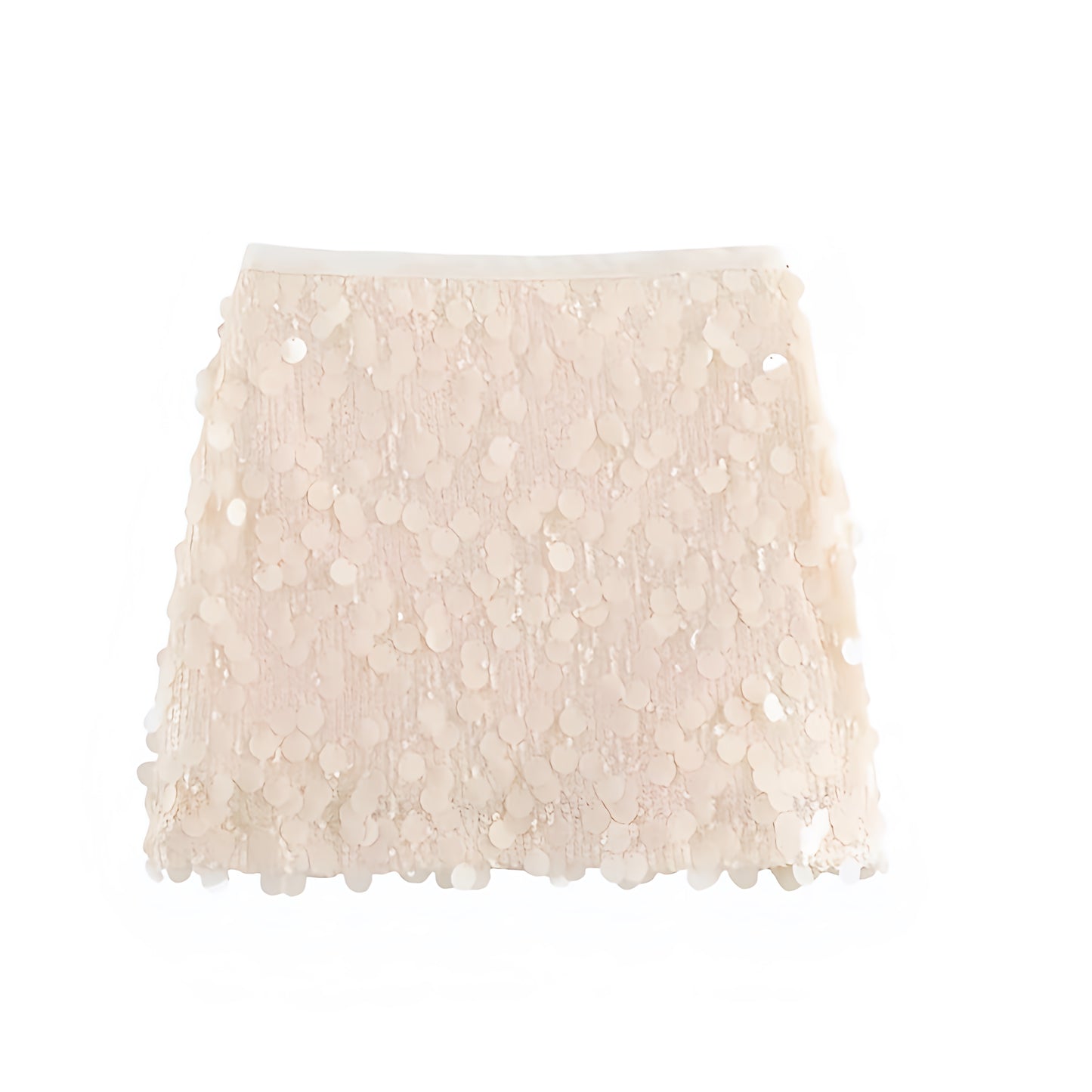 Ivory cream white sequin embellished slim fit low-rise mini skirt; sparkly pencil/sheath short skirt, feminine sexy Ibiza style festival party club rave concert Euro summer vacation boho chic trendy Y2K 2025. Ships worldwide to US, UK, EU, AU, Canada and more.