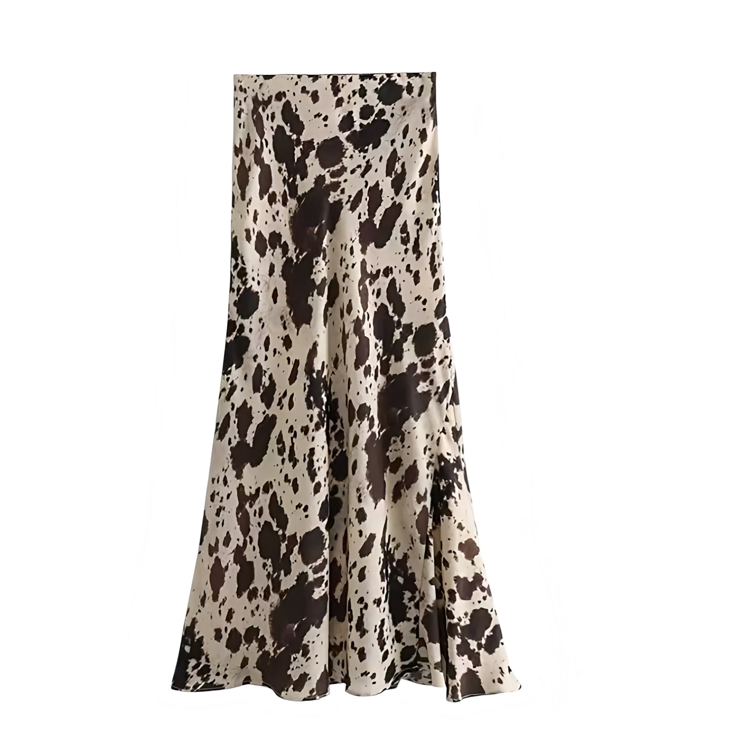 Ivory white satin tie dye patterned low rise maxi skirt for women and teens. Multicolor spotted animal cow print design. Slim fit bodycon a line silhouette slip sheath pencil plisse flowy midi maxi skirt. Elegant chic trendy feminine Y2K summer fall fashion. Perfect for holiday vacation casual everyday sorority rush school rave sexy club wear Ibiza style boho chic Euro summer evening party beach festival concert night out outfit. Ships globally worldwide to USA, UK, Canada, Australia, New Zealand, Europe