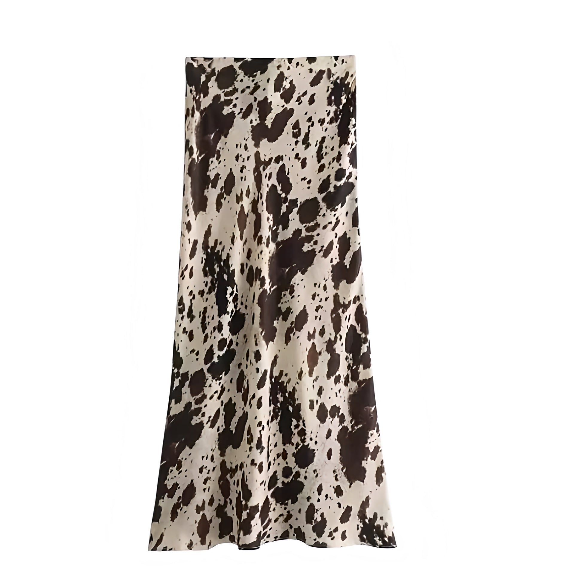 Ivory white satin tie dye patterned low rise maxi skirt for women and teens. Multicolor spotted animal cow print design. Slim fit bodycon a line silhouette slip sheath pencil plisse flowy midi maxi skirt. Elegant chic trendy feminine Y2K summer fall fashion. Perfect for holiday vacation casual everyday sorority rush school rave sexy club wear Ibiza style boho chic Euro summer evening party beach festival concert night out outfit. Ships globally worldwide to USA, UK, Canada, Australia, New Zealand, Europe