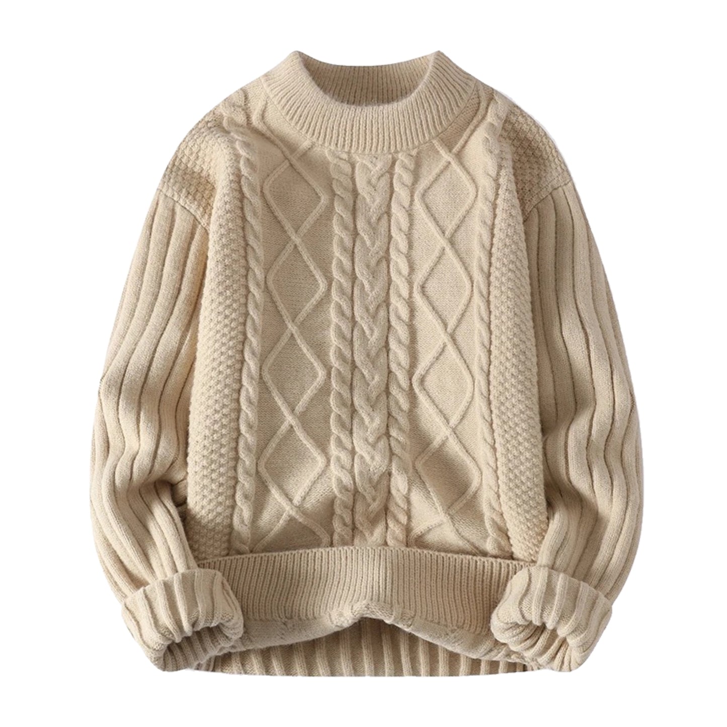 Khaki brown cable knit long sleeve crewneck pullover sweater for women and teens, soft cozy chunky knitted jumper with round neckline and geometric patterned texture, thick warm knitwear for fall autumn winter 2025, elegant feminine Scandinavian and old-money style, Zara and Aritzia dupe knit, perfect for après ski, snow day, and ski trip outfits, trendy streetwear and Scandi chic look, ships globally worldwide to US, UK, Canada, Europe, Australia, and Asia.