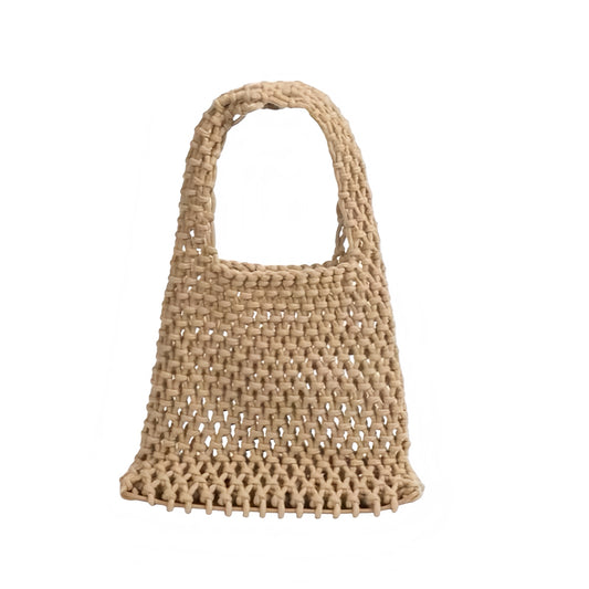 Khaki brown crochet knitted mini shoulder beach bag, handmade raffia net transparent clutch crossbody purse handbag, elegant boho chic trendy coastal style fashion accessory for women, perfect for euro summer vacation 2025, Ibiza beach club, bohemian resort wear, and mermaid core summer looks, shipped internationally to USA, Canada, UK, Australia, France, Germany, Spain, Italy, Denmark, Asia.