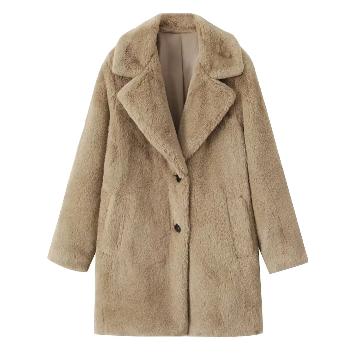 Khaki brown faux fur oversized long sleeve trench coat jacket for women and teens, satin lined fuzzy soft cozy warm thick full length luxury fur coat with collared v-neck split neck, elegant feminine trendy Y2K chic fashionable outerwear for fall autumn winter 2025, Scandinavian Copenhagen streetwear and old money style ski outfit après ski snow trip city look, with global worldwide shipping to US UK Canada Australia Europe and Asia.