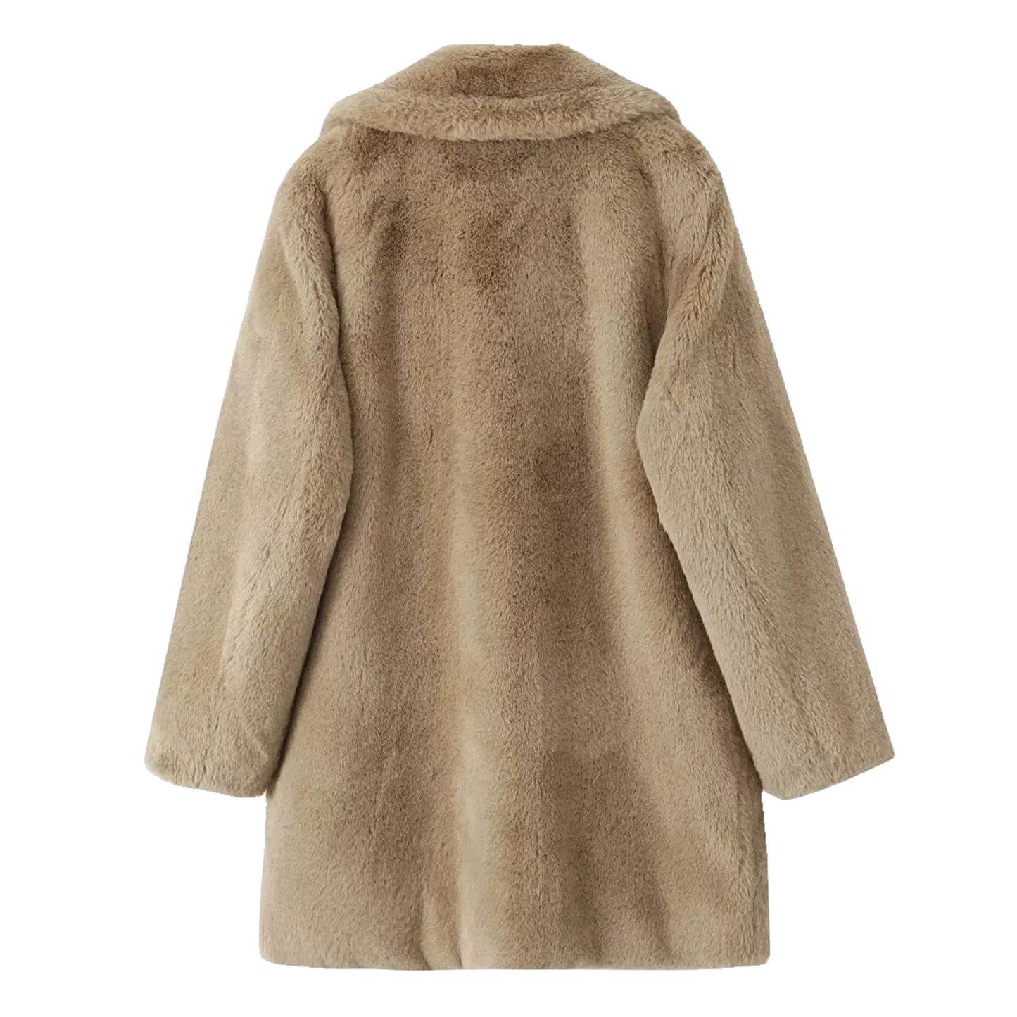 Khaki brown faux fur oversized long sleeve trench coat jacket for women and teens, satin lined fuzzy soft cozy warm thick full length luxury fur coat with collared v-neck split neck, elegant feminine trendy Y2K chic fashionable outerwear for fall autumn winter 2025, Scandinavian Copenhagen streetwear and old money style ski outfit après ski snow trip city look, with global worldwide shipping to US UK Canada Australia Europe and Asia.