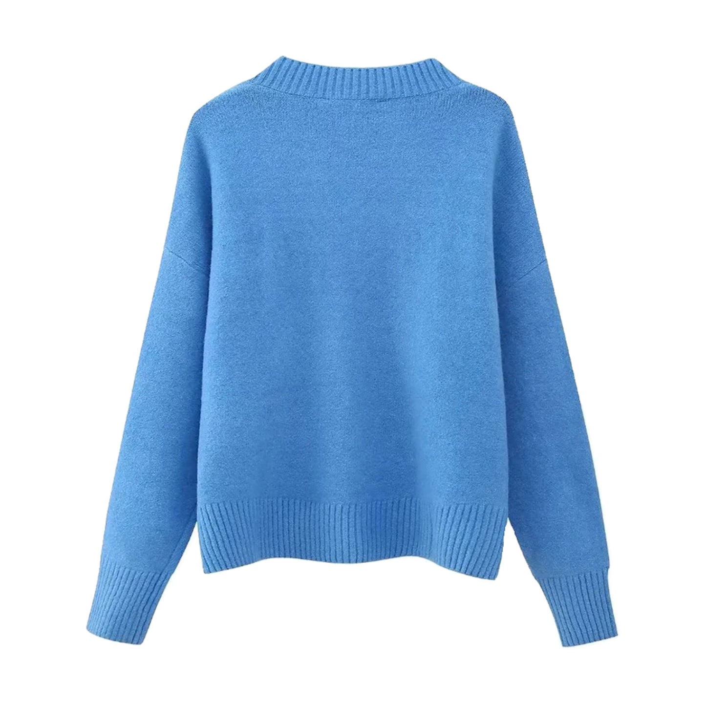 Lake Blue Knit V-Neck Long Sleeve Pullover Sweater for women and teens. Soft, cozy, and warm ribbed knitwear with relaxed fit and thick texture. Chic and trendy ocean blue and sky blue knit jumper perfect for fall, winter, and holiday outfits. Feminine Scandinavian, coastal granddaughter, soft girl, and clean girl aesthetic sweater. Ships globally and worldwide to the US, UK, Canada, Australia, Europe, Asia, and more.