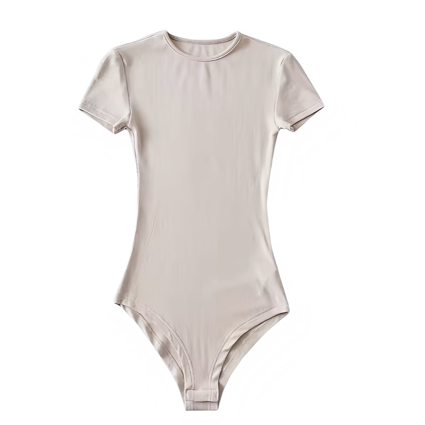 Light beige bodycon short sleeve bodysuit in a soft cotton blend fabric with seamless stretch and a flattering slim fit silhouette. Features a crewneck neckline, short sleeves, and sleek minimalist design. Perfect for layering or as a neutral everyday top for casual, chic, and feminine outfits. Ships globally to the US, UK, Canada, Australia, New Zealand, Europe, Asia, Germany, France, and more.