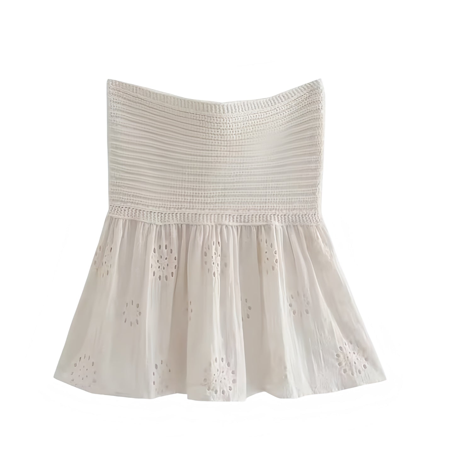 Light Beige Crochet Knitted Strapless Eyelet Embroidered Camisole Top Slim Fit Corset Bustier Bandeau Crop Tank Top Blouse Sweetheart Neckline Peplum Flared Ruffle Trim Plissé Pleated Sleeveless Backless Women Teens Summer 2025 Resort Wear Ibiza Euro Summer Stockholm Style It Girl That Girl