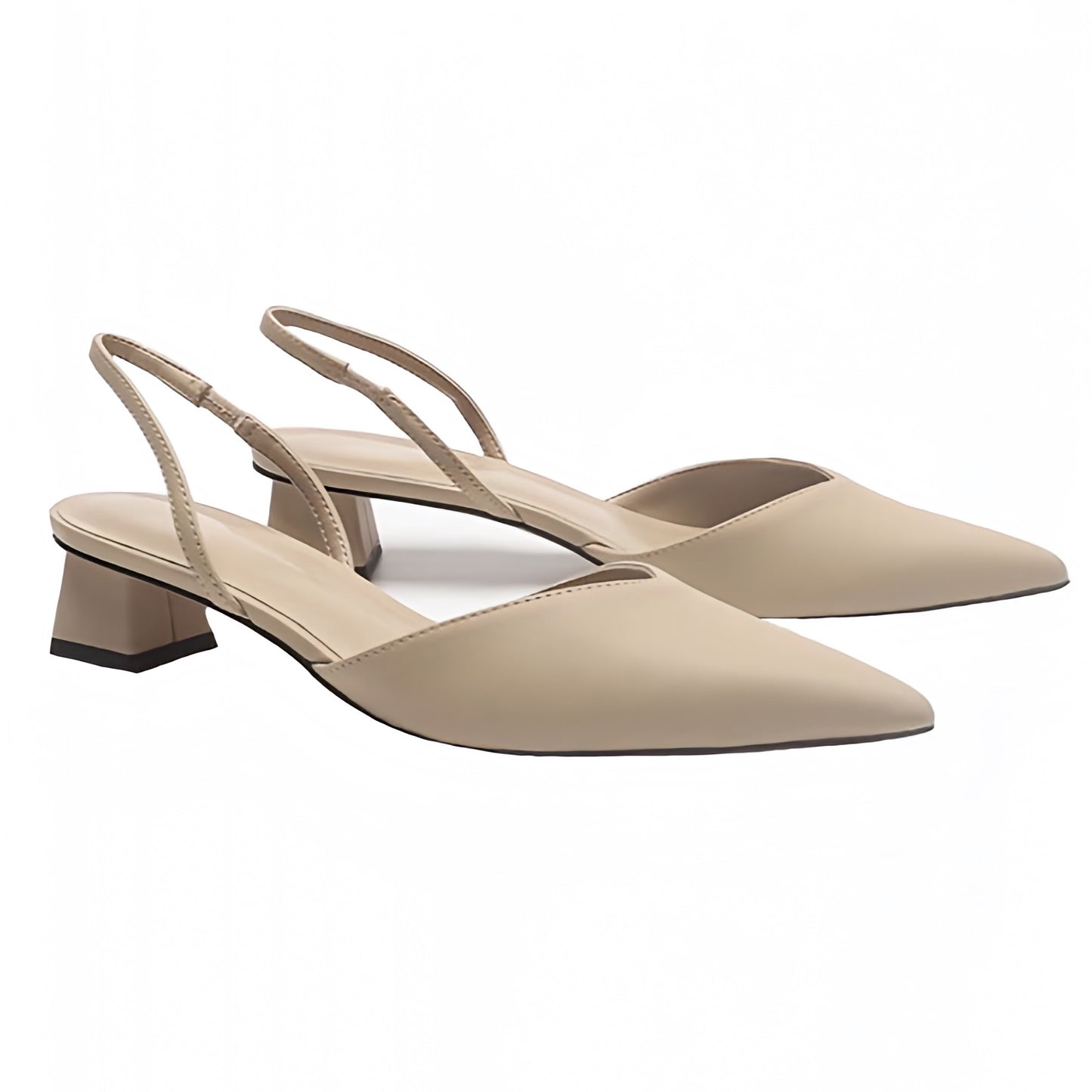Light beige slingback faux suede leather low-block kitten silhouette heels featuring a pointed toe and soft cushioned insoles. Designed with a slim, minimalist profile and adjustable slingback strap for comfort. Vegan-friendly and lightweight with a refined classic look. Perfect for office wear, travel, or evening outings. Ships globally to the US, UK, Canada, Australia, New Zealand, and across Europe and Asia.