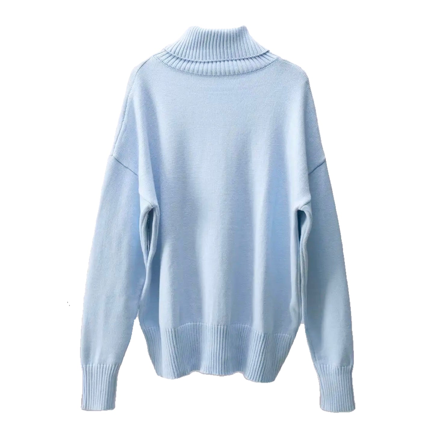Light Blue Knit Woolen Turtleneck Oversized Pullover Sweater for women and teens. Soft, cozy, and warm ribbed knitwear with relaxed oversized fit and thick texture. Elegant baby blue, pastel blue, and sky blue chunky knit jumper perfect for fall, winter, and holiday outfits. Feminine Scandinavian, soft girl, and preppy aesthetic sweater. Ships globally and worldwide to the US, UK, Canada, Australia, Europe, Asia, and more.
