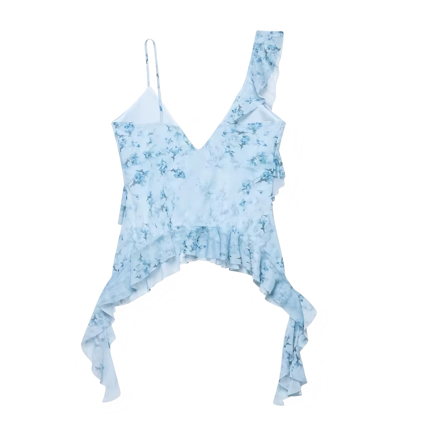 Light Blue Floral Print Multicolor Flower Patterned Layered Ruffle Trim V-Neck Slim Fit Spaghetti Strap Sleeveless Backless Crop Tank Top Blouse for Women and Teens Chic Preppy Summer 2025 Fashion
