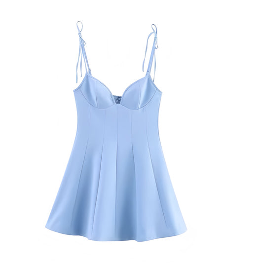 Light blue slim fit bodycon corset bustier sweetheart neckline spaghetti strap sleeveless backless a-line drop waist flared plissé pleated short mini dress sundress for women and teens, chic trendy preppy elegant feminine fashion, Y2K sexy summer 2025 casual everyday holiday vacation brunch sorority rush prom hoco homecoming school party going out night out club wear, with global shipping to USA, UK, Europe, Australia, and Canada.
